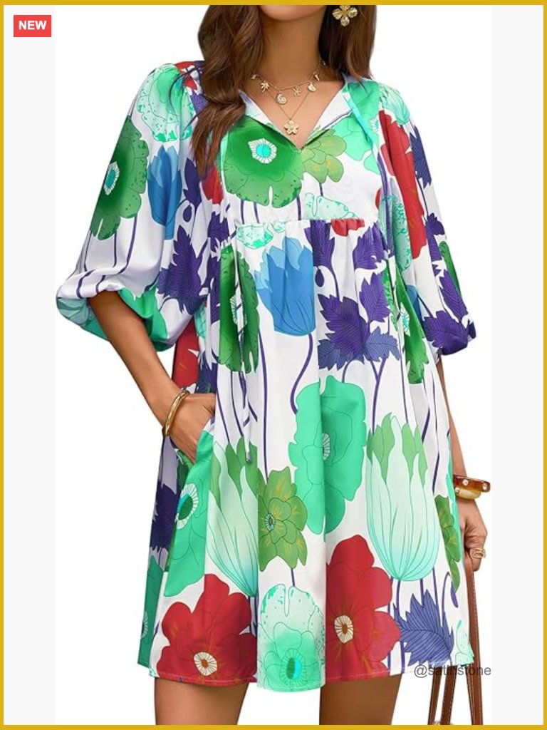 Floral Mini Babydoll Dress V-Neck Puff Sleeve Loose Fit Boho Beach Sundress